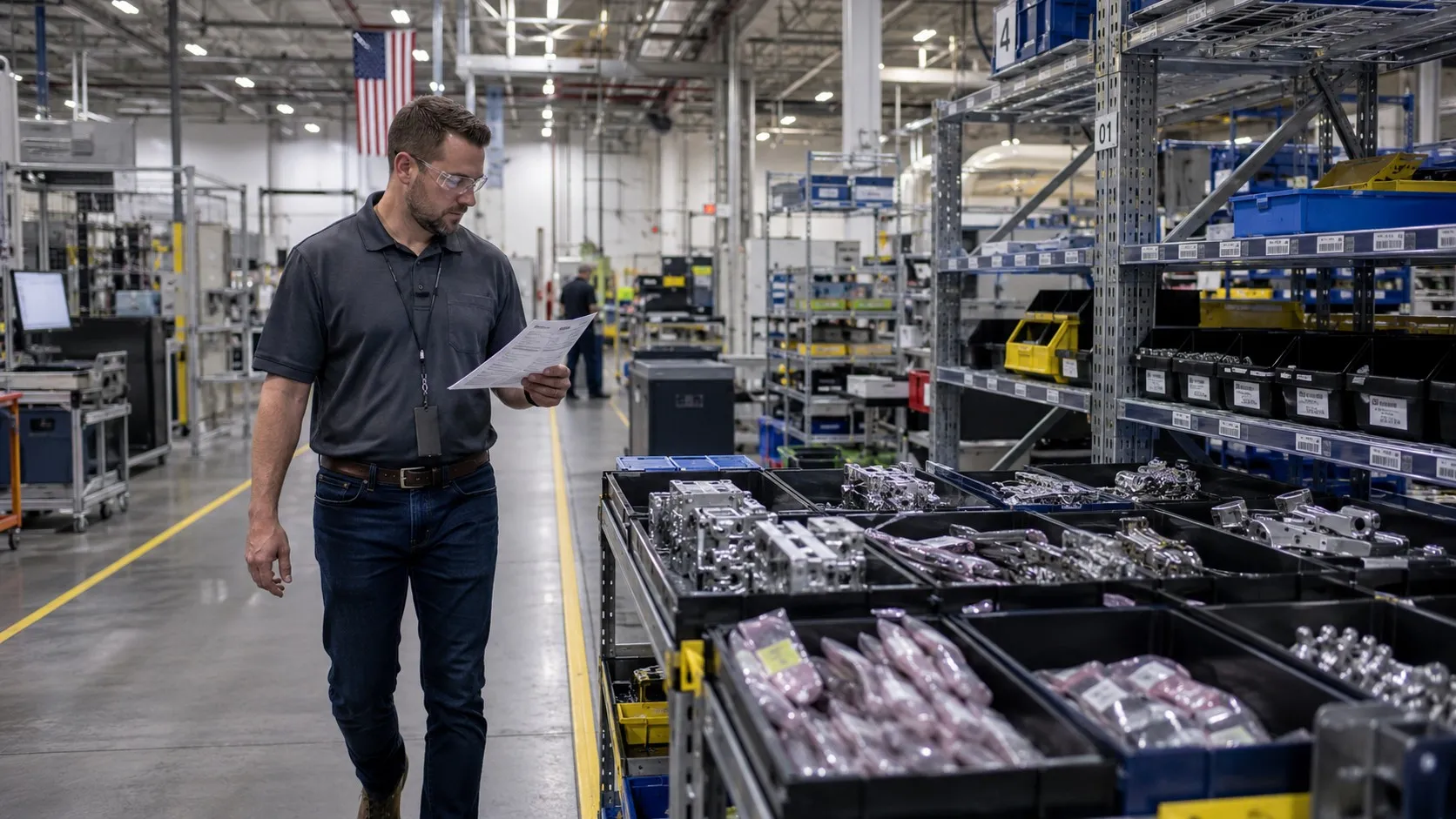 Manufacturing engineer inspecting precision components on an assembly line