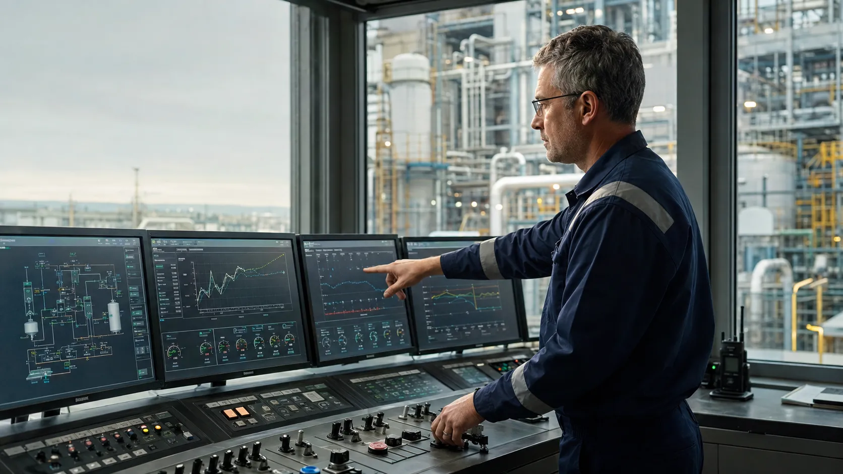 Process engineer viewing a layered industrial control system from field measurements through PID control and optimization