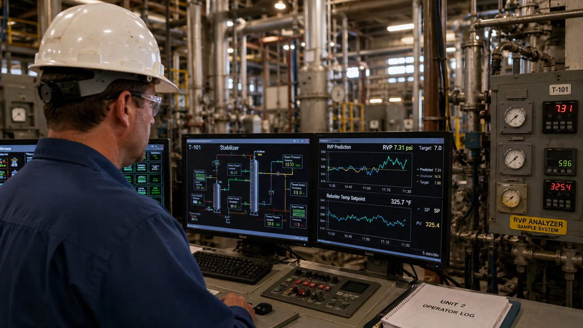 Process engineer reviewing operating data from connected industrial systems