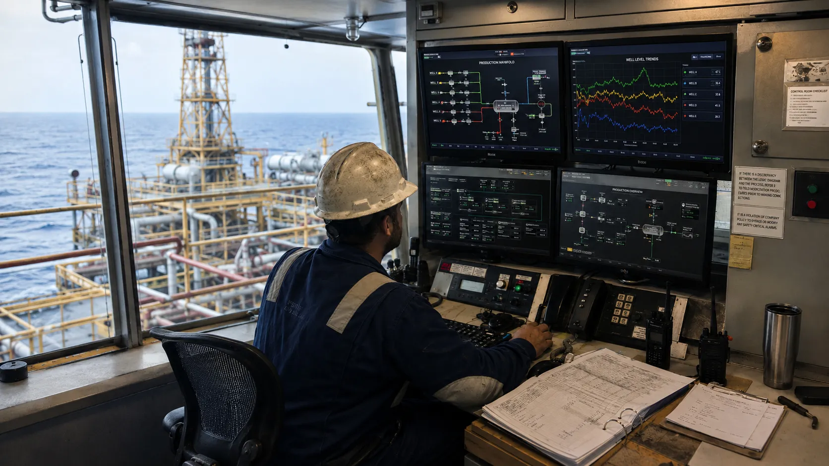 Offshore production engineer reviewing well data from a commingled production system